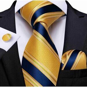 DiBanGu Gold Navy Blue Striped Tie Set with Cufflinks & Pocket Square Gift Box